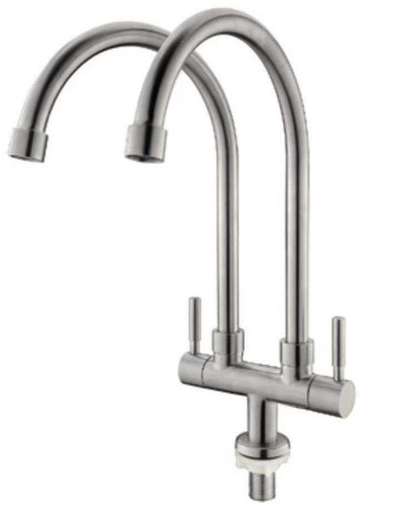 SUS304 Double Spout Pillar Sink Tap - Satin