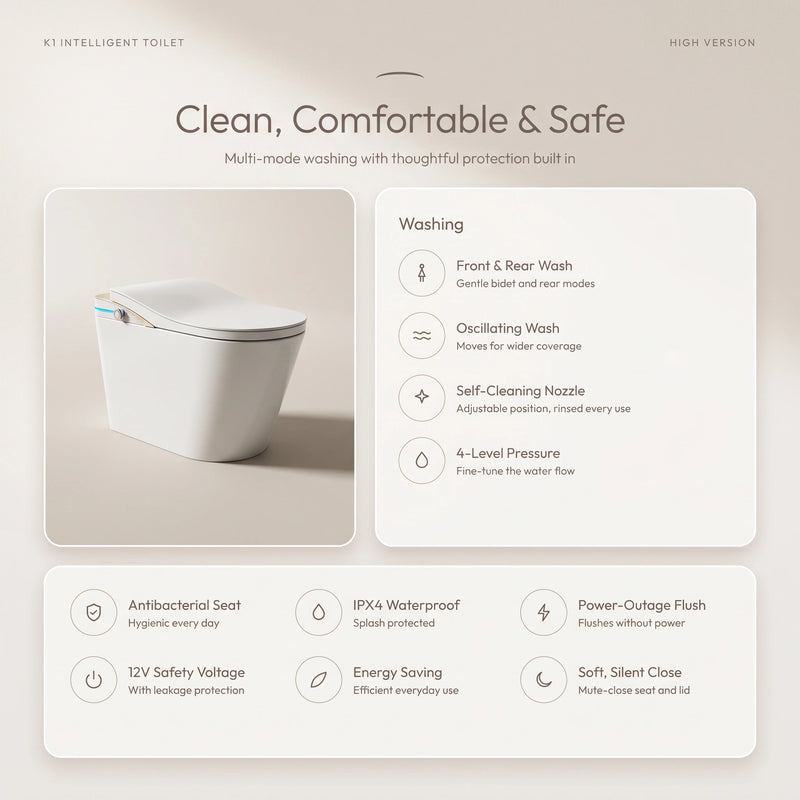 Smart Toilet Complete Set (S-250mm) c/w Tank (High Version) - Gold - Clean, Comfortable & Safe
