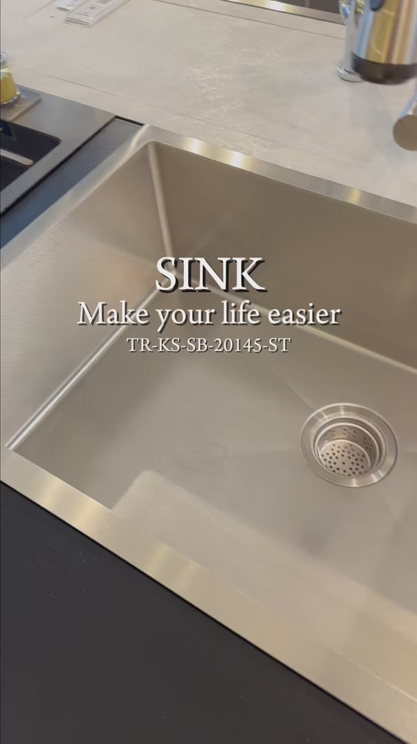 SUS304 Single Bowl Mini Nano Kitchen Sink c/w roll up rack & basket - Satin - TR-KS-SB-20145-ST product video