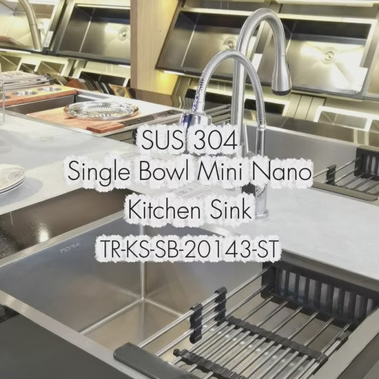 SUS304 Single Bowl Mini Nano Kitchen Sink c/w roll up rack & basket - Satin - TR-KS-SB-20143-ST product video