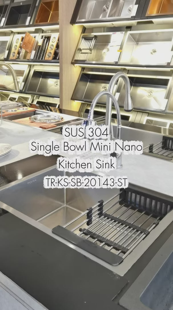 SUS304 Single Bowl Mini Nano Kitchen Sink c/w roll up rack & basket - Satin - TR-KS-SB-20143-ST product video