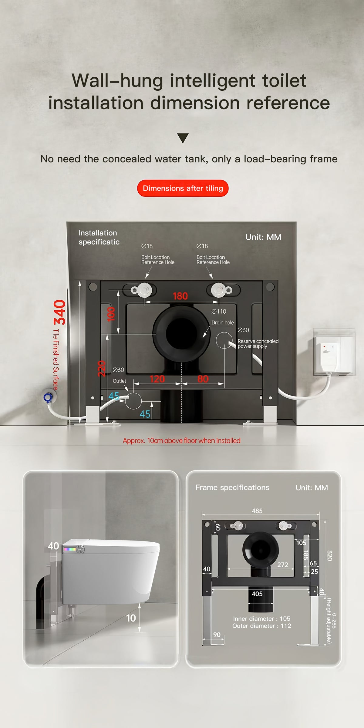 T6 wall-hung smart toilet installation dimension reference