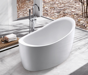 Stylish white freestanding bath tub Malaysia with chrome overflow and floor-mounted faucet setup